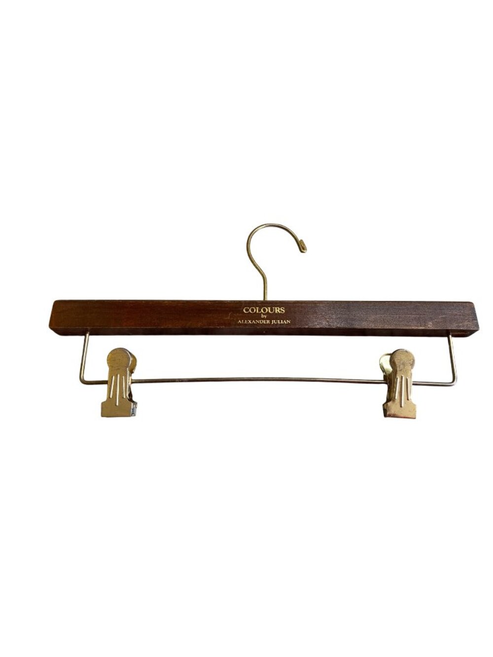 Vintage Colours Alexander Julian Wood Pants Skirt Hanger Brass Clips 16" Preppy